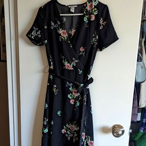 Black floral faux wrap dress